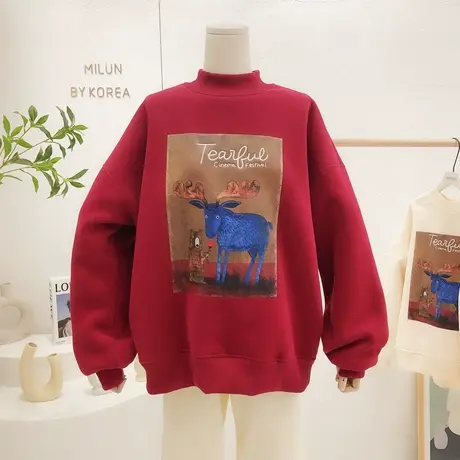 ins复古油画小鹿半高领上衣冬季新款韩国东大门仿羊羔绒保暖卫衣商品大图