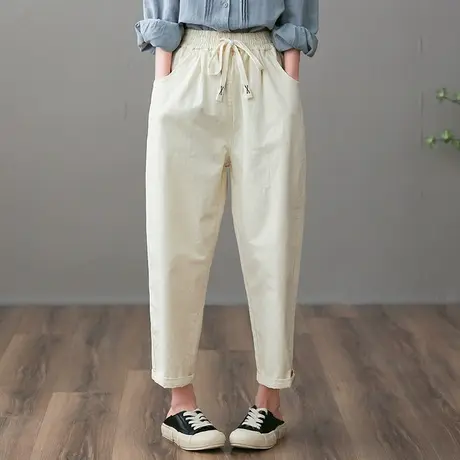 dza 高腰显瘦白色九分休闲裤子女春季宽松阔腿裤工装直筒裤哈伦裤图片