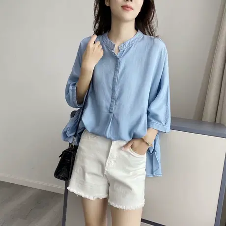2021夏装新款天丝牛仔衬衫女纯色套头圆领七分袖上衣宽松显瘦薄款商品大图