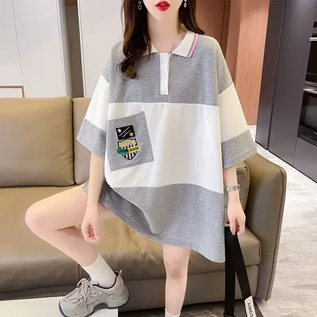 小众设计感短袖t恤女2023新款夏季韩版宽松中长款翻领撞色上衣服图片