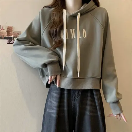 ins超火短款带帽衫卫衣女秋冬加绒加厚宽松显瘦插肩袖外套上衣服图片