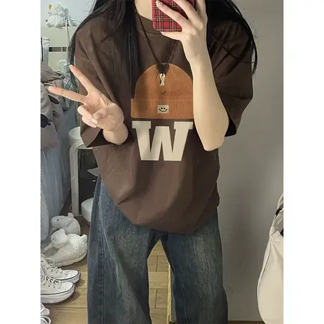 美式复古t恤夏季2023新款纯棉短袖女大码宽松情侣ins潮设计感上衣商品大图