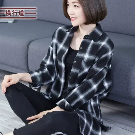 2025女装中长款格子长袖衬衫宽松大码衬衣休闲外套开叉蝙蝠袖春装商品大图