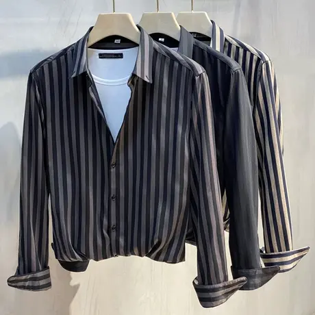 春秋季免烫轻商务条纹上班职业衬衫男长袖休闲寸衫修身时尚衬衣商品大图