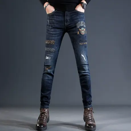 轻奢牛仔裤男2023秋冬新款蓝色刺绣修身小脚时尚潮流男士弹力裤子商品大图