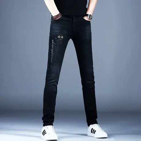 黑色刺绣牛仔裤男款修身小脚弹力高端潮牌潮流裤子2023新款休闲裤商品大图