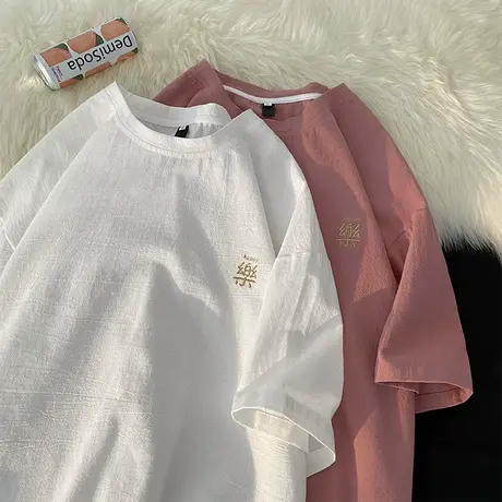 国风亚麻刺绣短袖T恤男ins潮牌宽松重磅夏季oversize简约日系衣服商品大图