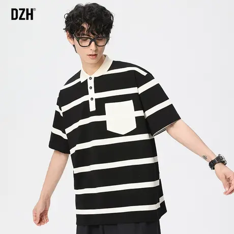 男士条纹短袖POLO衫男夏季薄款潮牌圆领T恤男款宽松休闲百搭上衣商品大图