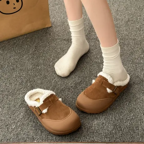 勃肯女鞋厚底毛毛拖鞋女外穿2023新款秋冬季懒人一脚蹬包头半拖鞋商品大图