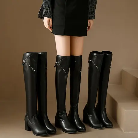 长筒靴女2023新款春秋靴子显瘦小个子黑色高跟粗跟洋气过膝骑士靴图片