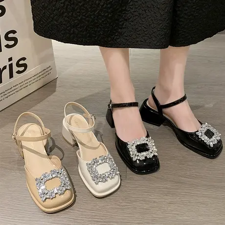 包头凉鞋女2024年新款夏季法式水钻配裙子粗跟单鞋玛丽珍高跟鞋子图片