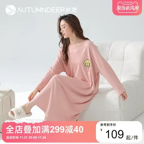 秋鹿纯棉睡衣睡裙女春夏季新款大码可爱简约印花家居服九分袖中裙商品大图