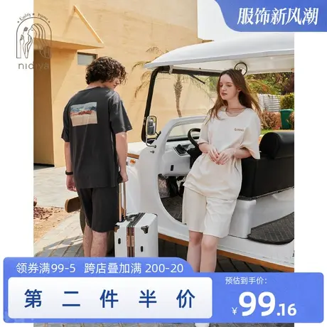 妮狄娅新款情侣睡衣女夏纯棉宽松短袖短裤男圆领可外穿家居服套装商品大图