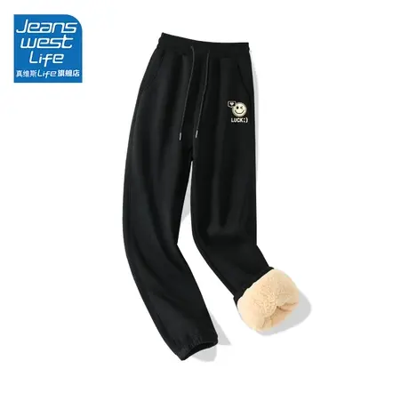 真维斯LIFE黑色运动卫裤女秋冬季加绒加厚羊羔绒保暖束脚休闲裤W图片