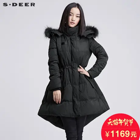 sdeer圣迪奥2018冬装中长款纯色连帽羽绒服女收腰厚外套S16482481图片