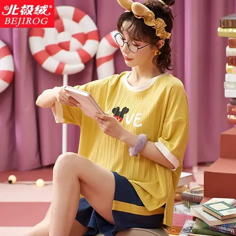 北极绒纯棉睡衣女2021年新款短袖短裤全棉网红夏ins风家居服套装商品大图