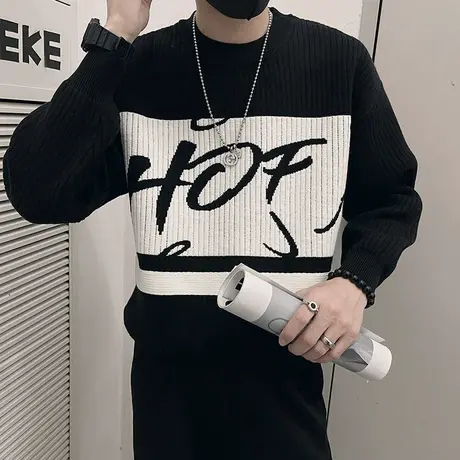 设计感轻熟撞色字母提花针织毛衣男秋冬新款休闲加厚套头打底线衣商品大图