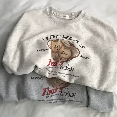 运动舒适可爱印花卫衣女加绒加厚圆领宽松百搭套头长袖上衣秋冬季商品大图