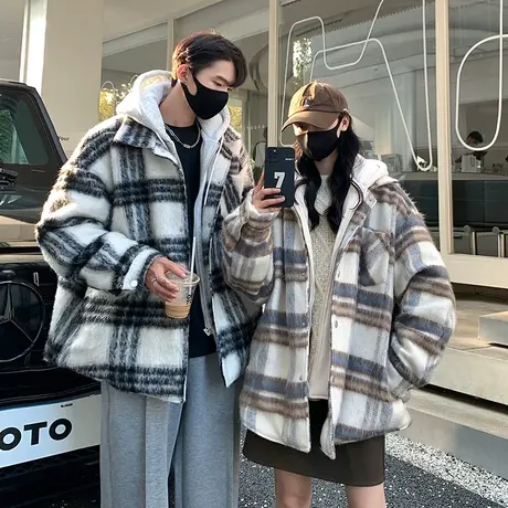 假两件棉服男秋冬季新款格子外套ins情侣美式连帽拉链开衫棉袄子图片