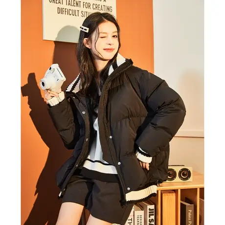 唐狮2024冬季新款女短款羽绒服拼接毛领外套保暖韩系休闲羽绒黑潮图片