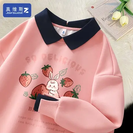 真维斯Z+粉色卫衣女小个子polo领上衣小众别致假两件衣服学生装H商品大图