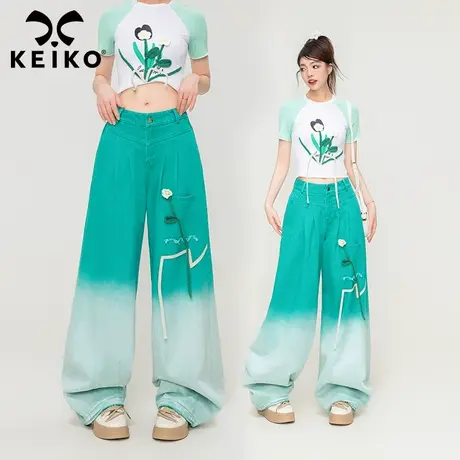 KEIKO [夏日新色系]渐变洗湖蓝色阔腿牛仔裤夏日穿搭高腰宽松长裤商品大图