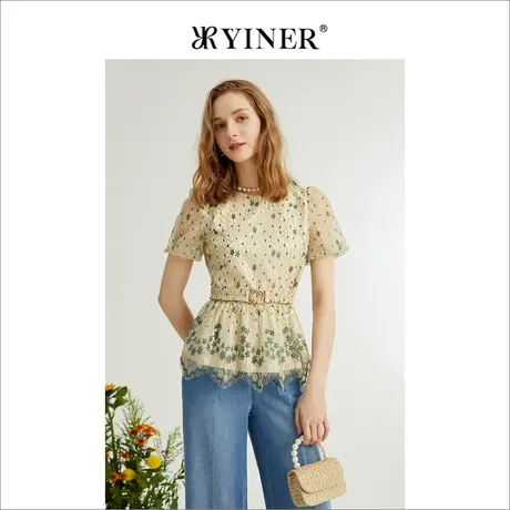 YINER音儿女装2022夏季蕾丝拼接亮丝花朵衬衫商品大图