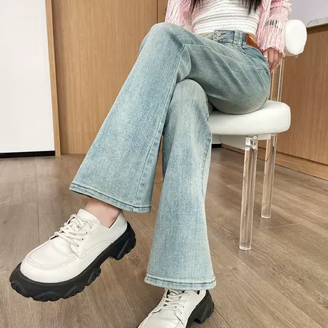 浅蓝色微喇牛仔裤女春秋季2024复古高腰修身百搭显瘦显高喇叭裤子商品大图