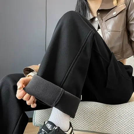 黑色加绒工装裤女2024年春秋冬新款高腰阔腿束脚卫裤小个子运动裤图片