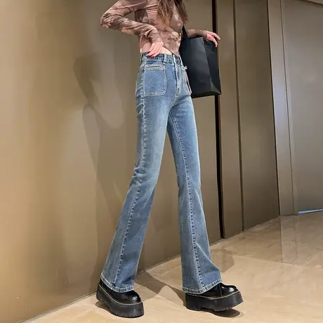 唐狮24春季新款牛仔裤女高腰显瘦微喇叭裤前口袋设计潮流时尚裤子商品大图