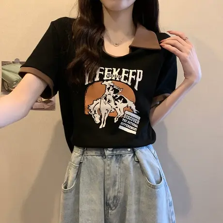 纯棉polo领美式复古短袖t恤女夏季新款设计感港味chic正肩上衣ins商品大图