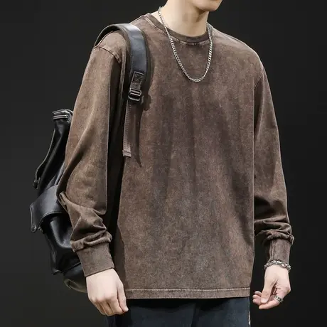 美式复古水洗长袖t恤男纯棉潮牌宽松大码2024新款男士春秋季内搭图片