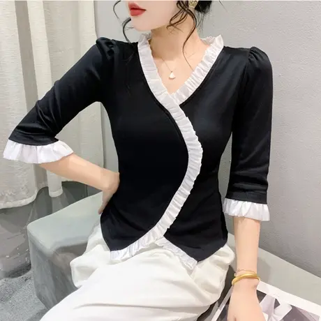 不规则开叉木耳边拼接五分袖镂空V领气质上衣女修身百塔T恤打底衫商品大图