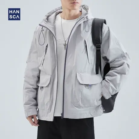 hansca春季新款连帽工装夹克男士潮牌宽松休闲机能风高街大码外套商品大图