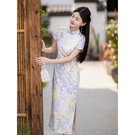 紫色旗袍夏季新款2024改良新中式年轻款少女日常可穿小个子民国风商品大图