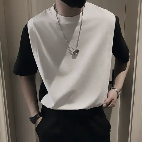 夏季撞色假两件拼接T恤男ins网红休闲短袖t恤上衣潮牌半截袖体恤商品大图