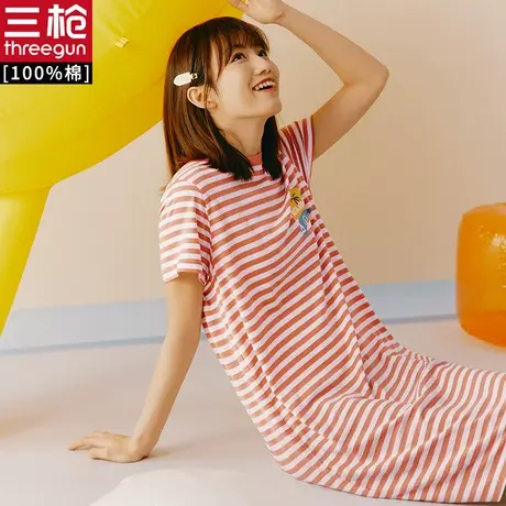 三枪睡裙女纯棉夏季薄款透气休闲条纹可外穿宽松家居裙图片