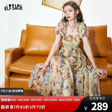妖精的口袋法式方领连衣裙女2023夏季新款泡泡袖高定雪纺碎花裙子商品大图