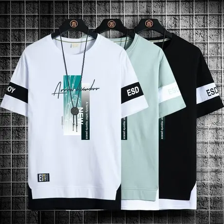 冰丝短袖t恤男士潮牌2023新款纯棉半袖体恤衫帅气休闲青少年衣服T商品大图