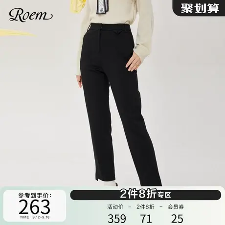 Roem秋冬 商场同款简约通勤气质复古高腰时髦不规则开叉直筒裤商品大图