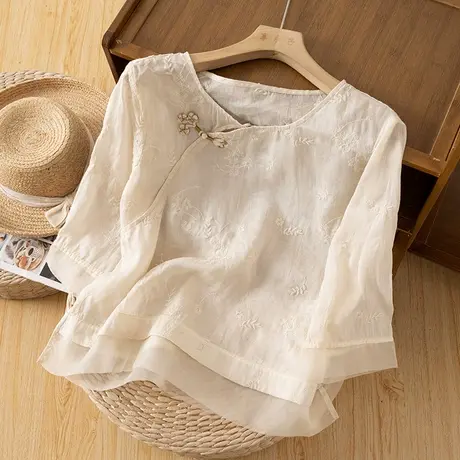 享永子七分袖苎麻上衣女蕾丝拼接刺绣棉麻衬衫薄宽松2023夏季新款图片
