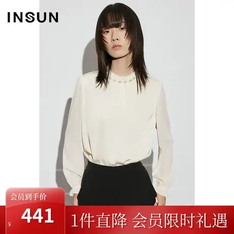 恩裳COVER2023年早春优雅木耳边立领手工钉珠衬衫光泽感杏色衬衣商品大图