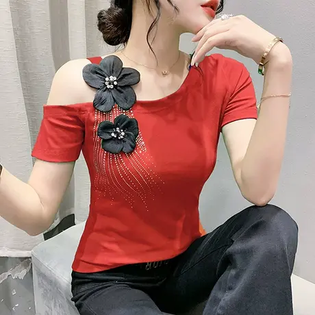 时尚露肩短袖T恤女士夏装新款性感漏锁骨上衣设计感小众洋气小衫商品大图
