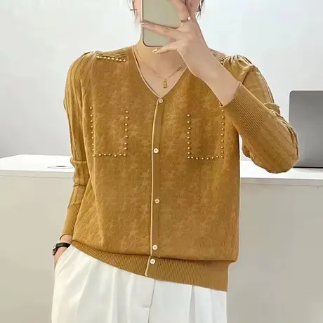 秋季新款2023蕾丝针织打底衫开衫V领薄款外套女士洋气时尚上衣商品大图