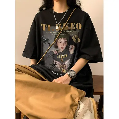 美式短袖女印花正肩T恤夏季新款纯棉ins宽松潮牌体恤衫设计感上衣商品大图