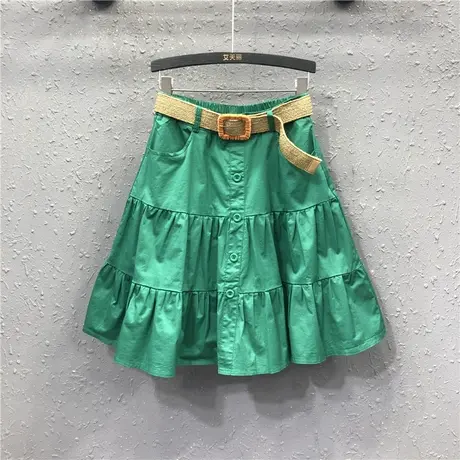绿色淑女褶皱设计感牛仔半身裙女夏季新款港味高腰韩版a字蛋糕裙图片