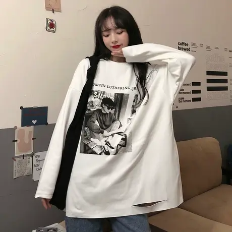 破洞长袖t恤女2020春秋宽松韩版ins外穿中长款打底衫百搭上衣服潮商品大图