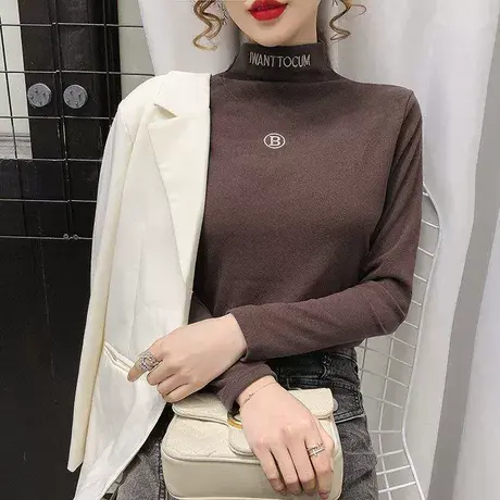 高领德绒打底衫女秋冬内搭2023爆款新款双面绒加绒杏色春秋款上衣图片