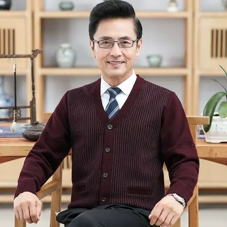 开衫毛衣男士中老年人酒红色针织外穿上衣服春秋季对襟外套爸爸装商品大图