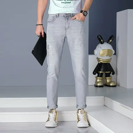 春夏修身绣花牛仔裤男士个性小脚裤子男印花直筒裤休闲时尚牛仔裤商品大图